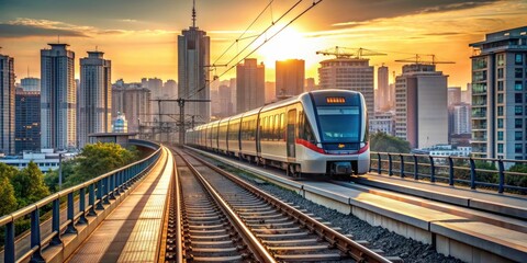 Fototapeta premium Electric train running through the city , urban, cityscape, transportation, public transit, travel, commute, railway, track
