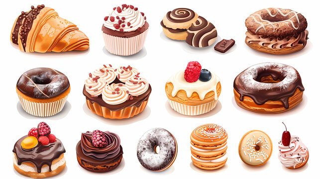 Various of sweets and desserts set and collection. chocolate cake, cupcakes, red velvet cake, apple pie, macarons, pretzel, donut, pastries, muffin, cookies, croissant. Bakery sweets isolated on white