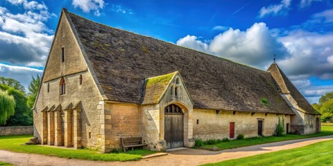 Medieval tithe barn in Lacock, Wiltshire, UK with ancient architecture and rustic charm