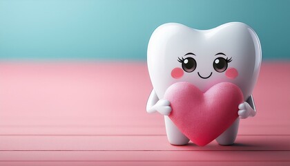 かわいい歯のキャラクターとハートとコピースペース（Cute tooth character with heart and copy space.）
