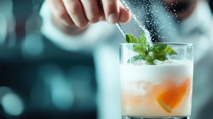 A hand adds a finishing touch to a sophisticated cocktail, garnished with an orange slice in a stylish bar setting, capturing the artistry and elegance of mixology.