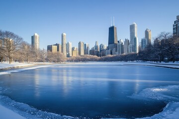 Fototapeta premium Frozen Lake with Chicago Skyline in the Background