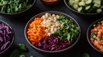 A visually appealing bowl of assorted fresh vegetables, including carrots, purple cabbage, leafy greens, and chickpeas, showcasing a healthy and colorful combination for a nutritious meal.