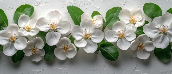 White Apple Blossoms with Green Leaves on a Textured Surface