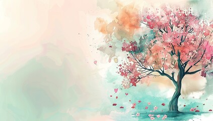 Watercolor illustration of a tree with pink blossoms in a gentle breeze