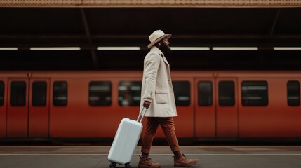 An individual wearing a coat and hat, walking with a suitcase on the platform of a train station. The image depicts the journey and anticipation as they prepare to board the train.