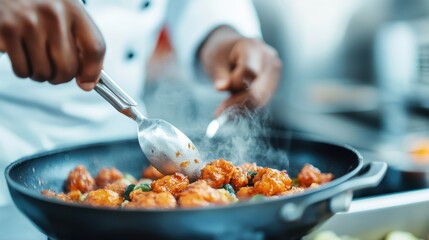 Image of a chef expertly using a spoon and pan to cook a delicious gourmet meal, showcasing meticulous culinary techniques and the essence of fine dining and cooking artistry.