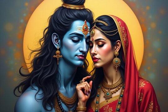 Portrait of Lord Shiva and Goddess Parvati, oil painting.