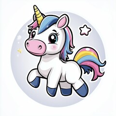 Naklejka premium Cute Cartoon Unicorn Illustration with Rainbow Mane and Tail