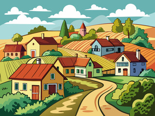 Village houses and farmland. color sketch drawn by hand