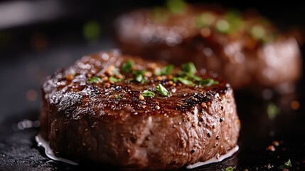 Two juicy steaks are sizzling on a hot skillet, garnished with herbs and spices, highlighting the delicious texture and savory aroma of the well-seasoned, perfectly cooked meat.