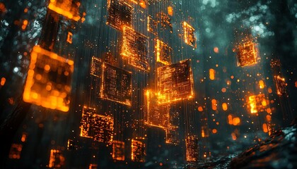 Fototapeta premium An ethereal landscape featuring glowing cubes in a mystical forest, showcasing a blend of technology and nature.