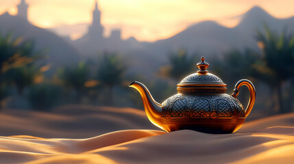 A decorative teapot resting on sand dunes at sunset.