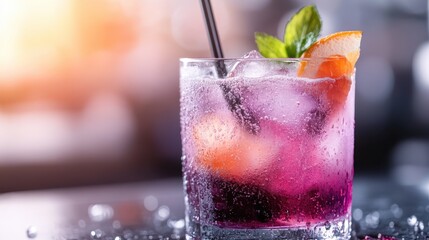A delightful purple cocktail in a glass filled with ice, garnished with an orange slice and mint leaves, capturing a refreshing and vibrant atmosphere perfect for socials.