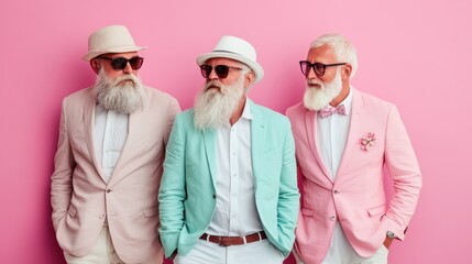 Three elderly men dressed in colorful pastel suits, wearing sunglasses and stylish hats, posing confidently against a bright pink background, showcasing a blend of modern fashion and vintage elegance
