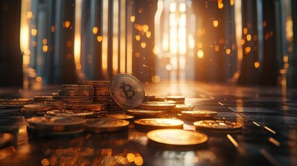 Golden Bitcoin Stack on Shiny Surface with Bokeh Background