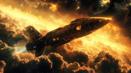 Obraz premium Spaceship flying towards a distant star, embodying adventure and the future of space travel.