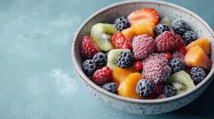 A diverse mix of frozen berries and fruits including strawberries, raspberries, blackberries, kiwis, and mangos in a speckled bowl. The frosty texture highlights their freshness and flavor.