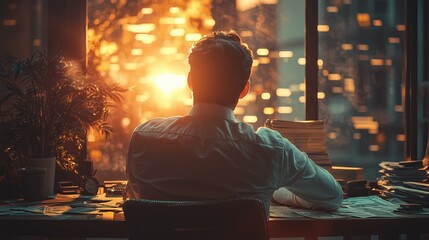 Obraz premium Businessman Looking Out Window at Sunset in Office