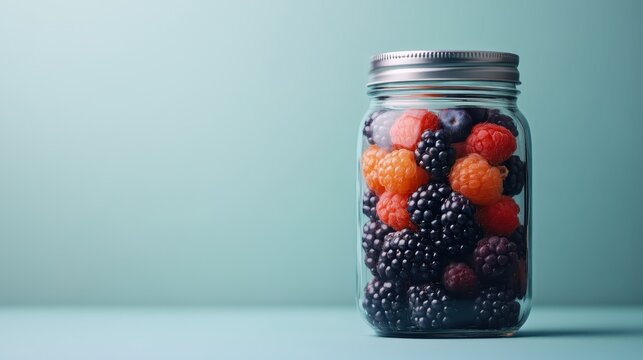 A captivating glass jar filled with a colorful assortment of ripe blackberries and raspberries, showcasing a perfect blend of natural and vibrant elements for a healthy snack.