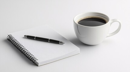 A Professional Business Meeting Setup Featuring Notebook, Pen, and Coffee Cup on a Minimalist White Background