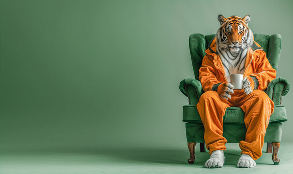 The tiger is sitting in a green armchair like a man. The tiger is dressed in an orange suit and holds a cup in his hand. Green background, empty space for text.