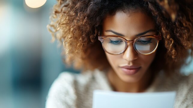 A determined woman with curly hair and glasses engrossed in reading a paper. The background is softly blurred, making her serious and focused expression stand out.