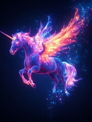 Obraz premium A vibrant, magical unicorn with wings, soaring through a galaxy of colorful stars and ethereal light.