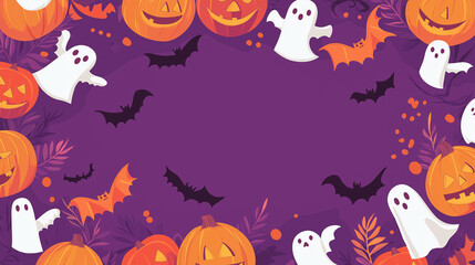 Flat illustration of ghosts and pumpkins for the holiday with bats on a purple background with copy space in the center, orange accents and a festive mood. Halloween concept.