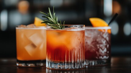 An arrangement of three cocktails with different garnishes on a dark bar counter. The image showcases the variety and elegance of modern mixed drinks, capturing a stylish bar scene.