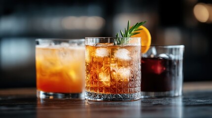An assortment of three craft cocktails in elegant glasses, each with a distinct garnish. The polished bar setting emphasizes the craft and artistry of modern mixology.