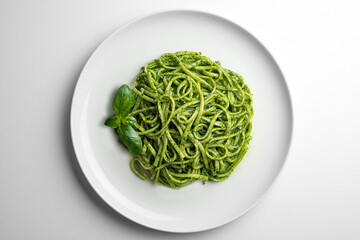 Dish with linguine with Genoese pesto sauce