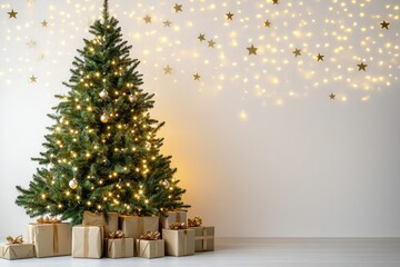 Decorated Christmas Tree with Gifts and String Lights