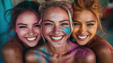 Fototapeta premium Three joyful women with colored powder on their faces are celebrating a festival enthusiastically, displaying happiness, friendship, and cultural vibrancy in a captured moment.