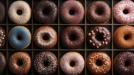 Fototapeta premium This image showcases an assortment of donuts neatly arranged in a box, each with various colorful toppings and glazes, perfect for sweets lovers.