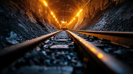 A dramatic and intense image of railway tracks in an underground tunnel, dimly lit by warm lights...