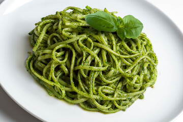 Dish with linguine with Genoese pesto sauce