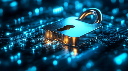 A digital padlock on a circuit board, symbolizing cybersecurity.