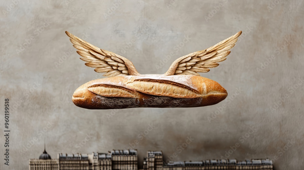 Wall mural a whimsical depiction of flying bread with wings against a minimalist urban backdrop, symbolizing cr