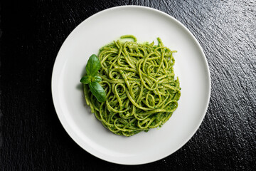 Dish with linguine with Genoese pesto sauce