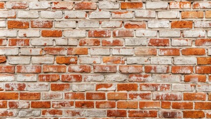 Obraz premium Wide light red shabby brick wall texture with whitewashed rough brickwork, perfect for vintage backgrounds