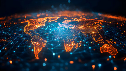 A digital representation of a connected world map with glowing nodes.