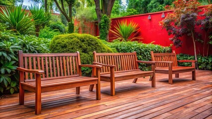 Obraz premium Empty wooden benches on a red patio overlooking the peaceful garden