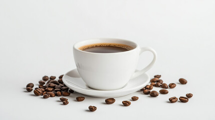 Fototapeta premium A cup of coffee rests on a white plate, encircled by coffee beans, set against a white backdrop.