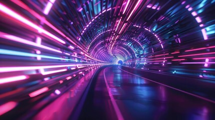 A vibrant, glowing tunnel filled with colorful light streaks, creating a sense of speed and motion.