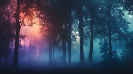 Fototapeta premium A surreal forest bathed in colorful rainbow mist at dawn, creating an ethereal and otherworldly atmosphere amidst towering trees.