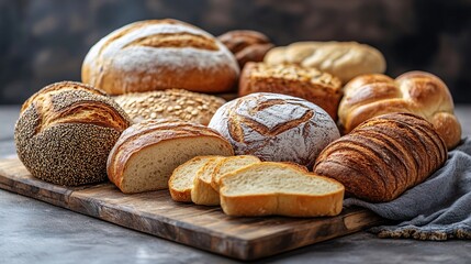  Assorted types of fresh bread on a wooden cutting board, including sliced loaves and artisan rolls, bakery products