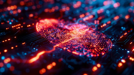 A high tech biometric fingerprint scanner design with vibrant colors and intricate patterns, showcasing advanced technology and security features.