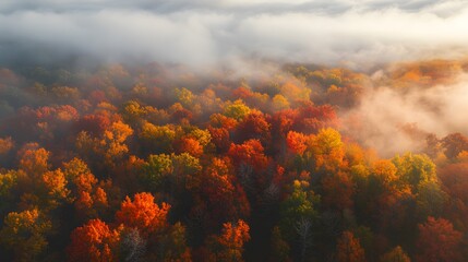 Fototapeta premium An aerial shot capturing a vibrant autumn forest covered in red, orange, and yellow leaves, with morning mist gently floating above the treetops.