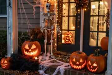 Obraz premium Spooky halloween porch: skeleton, jack-o'-lanterns, and string lights create eerie atmosphere